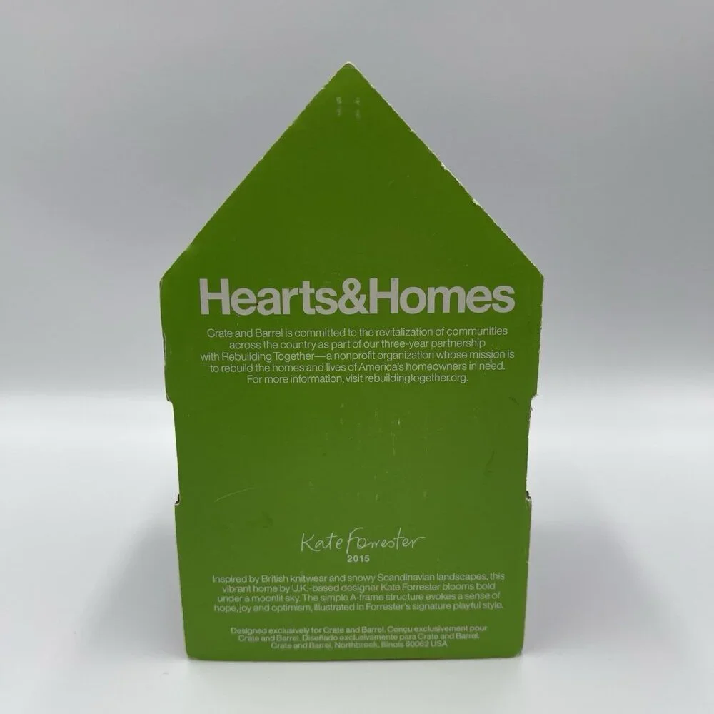 2015 Crate & Barrel Kate Forrester Wooden House Christmas Ornament Hearts & Home